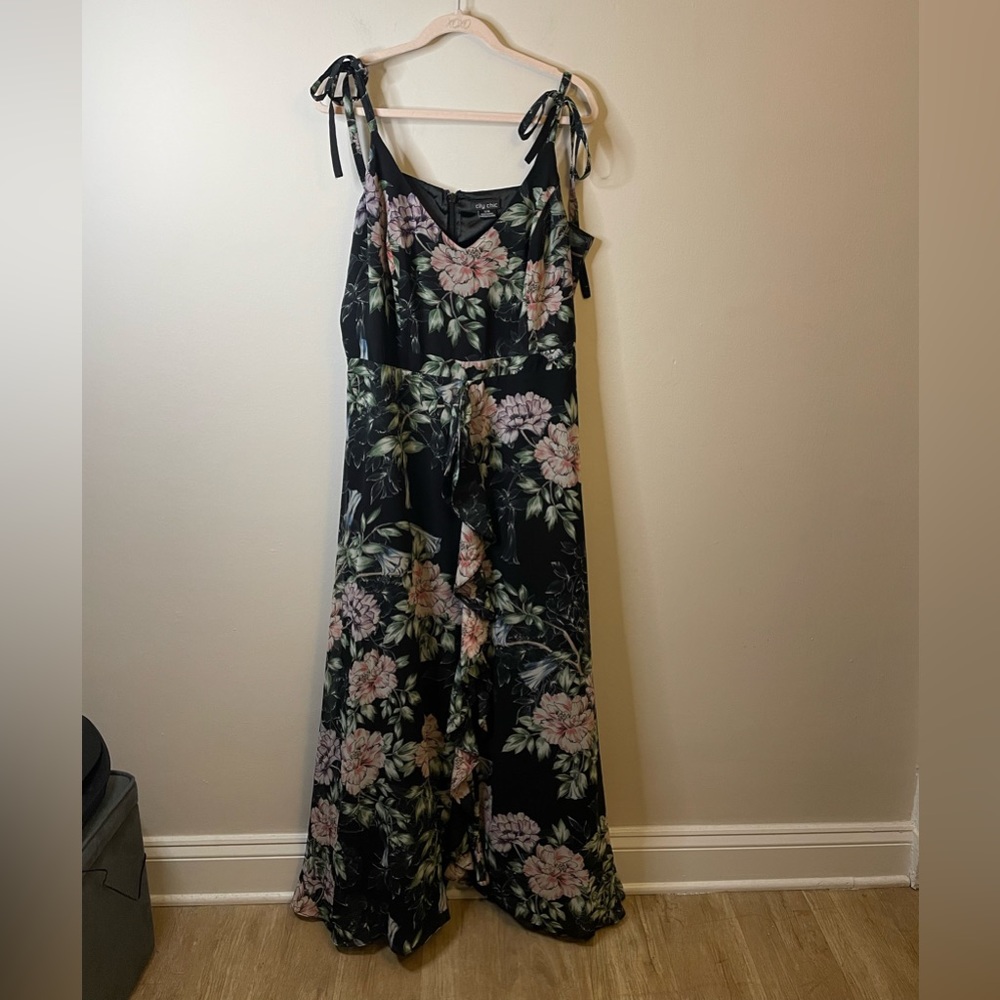 City Chic Garden Black Floral Ruffle Tie Strap Maxi Dress Formal Wedding Guest